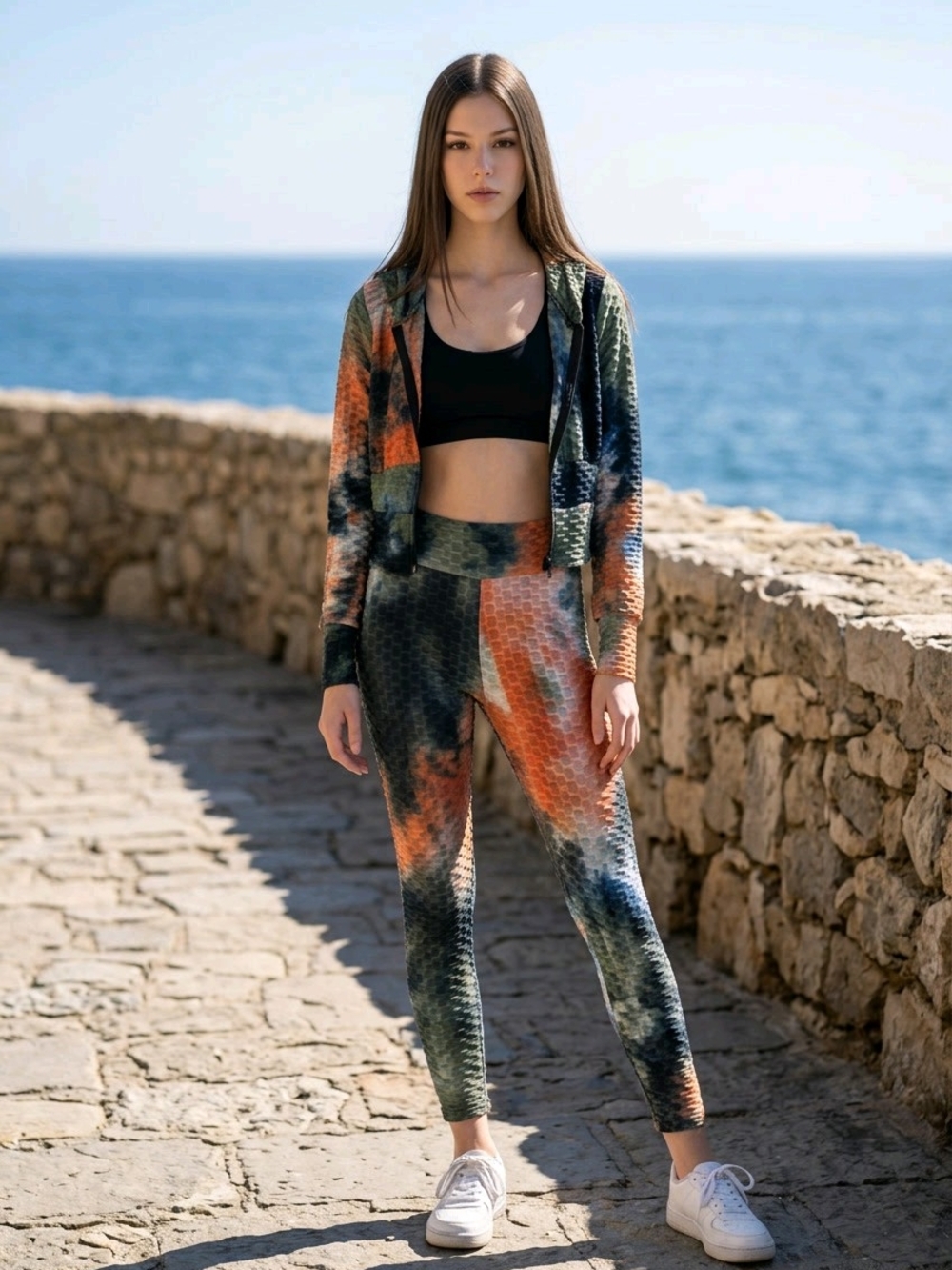 Jolie & Joy Two-Piece Set Tie-Dye Zip Up Crop Hoodie, High Waist Leggings L
